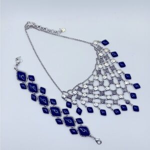 Vintage Lucky Brand SilverTone Bib Necklace Blue Dangle Gems Matching Bracelet